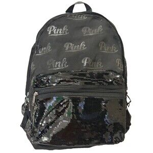 Victoria Secret PINK Black With Sequin Campus Backpack Laptop Book Bag EUC